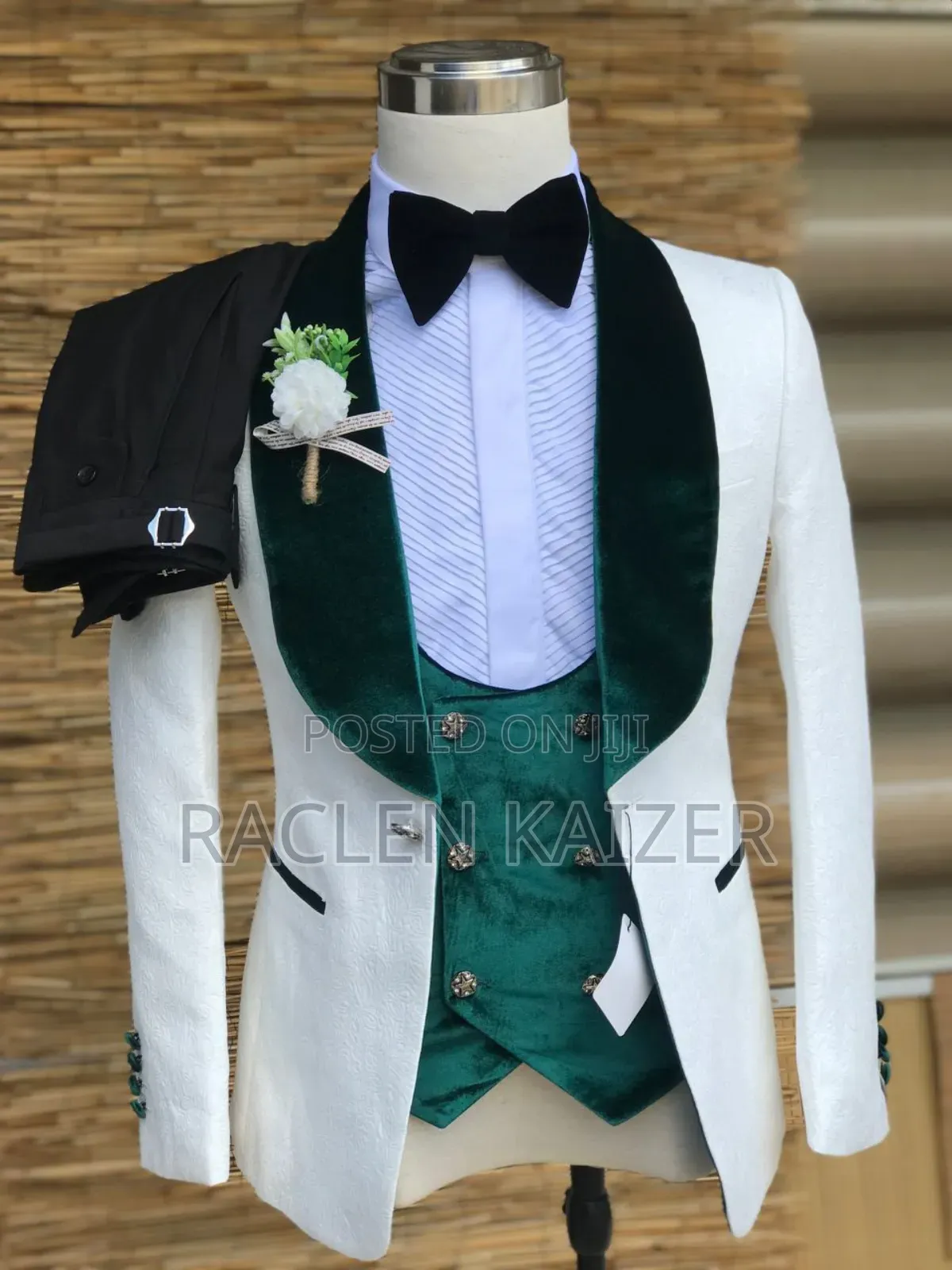 Marvo Lorenzo Suit With White Textured Jacket With Green Velvet Lapels