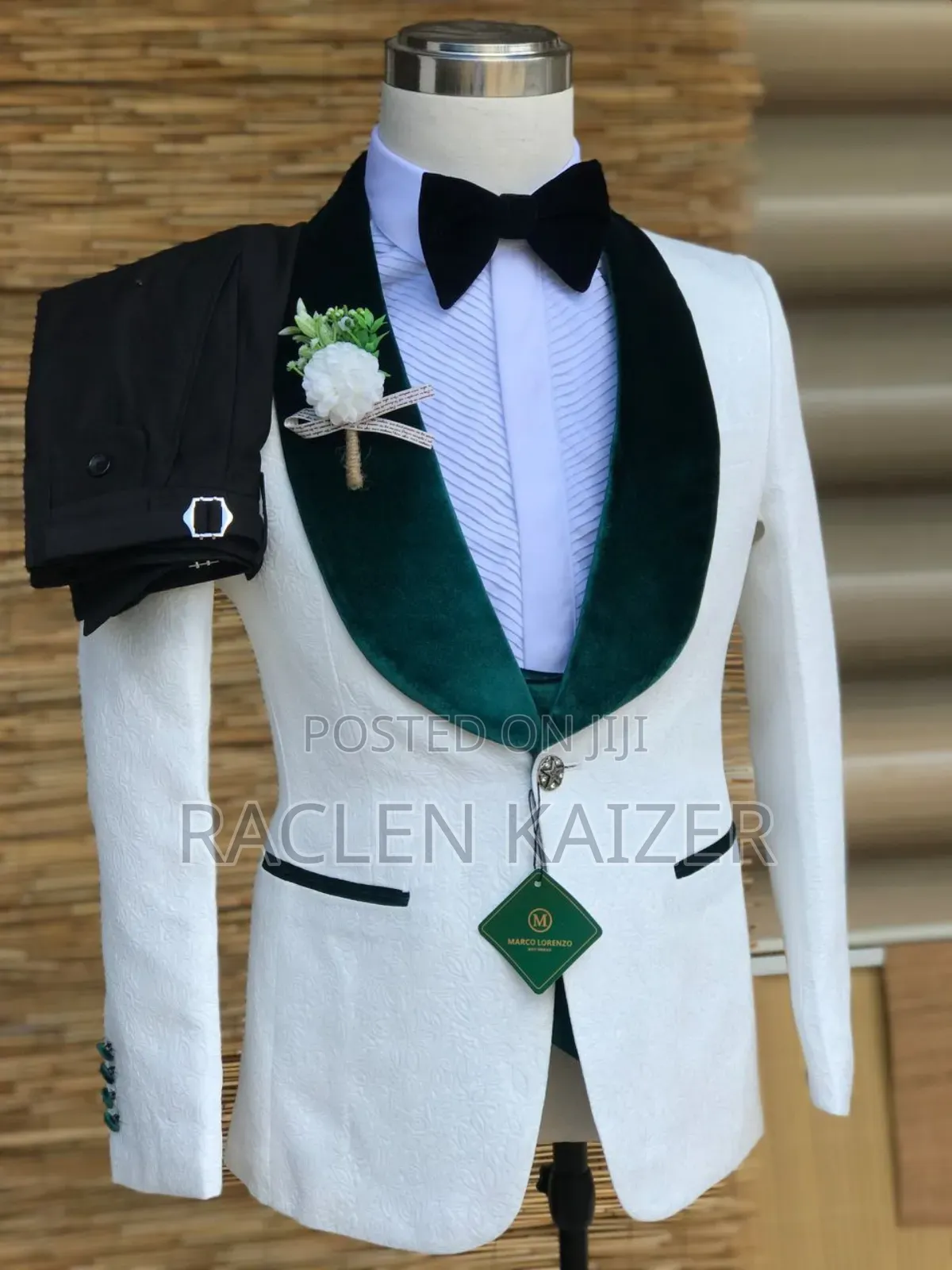 Marvo Lorenzo Suit With White Textured Jacket With Green Velvet Lapels