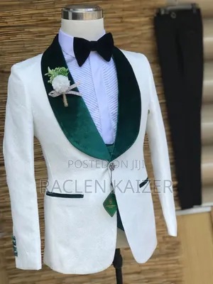 Marvo Lorenzo Suit With White Textured Jacket With Green Velvet Lapels