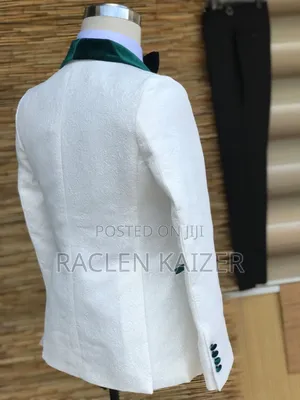 Marvo Lorenzo Suit With White Textured Jacket With Green Velvet Lapels