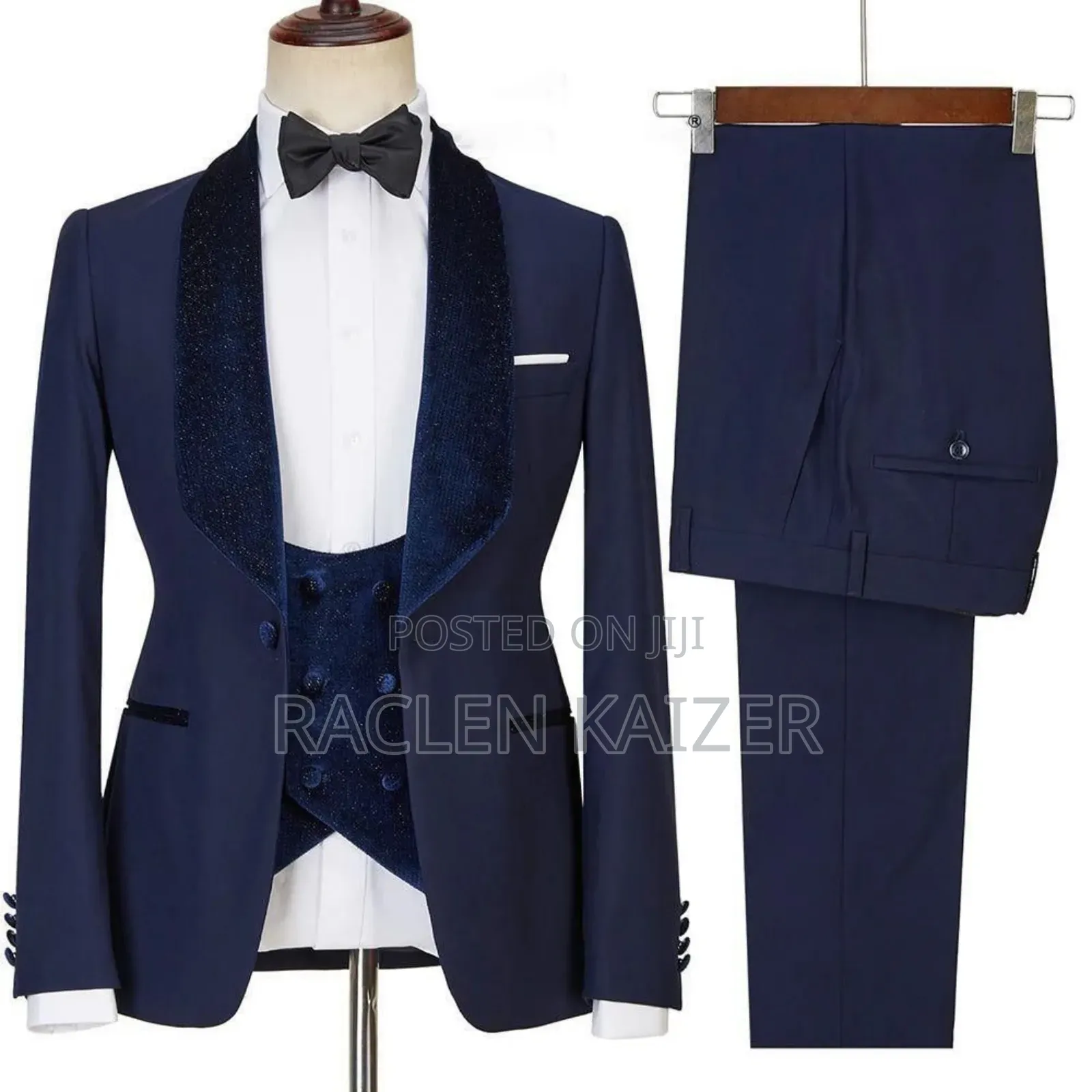 Three-Piece Tuxedo Suits, Featuring a Navy Blue With Velvet Lapels
