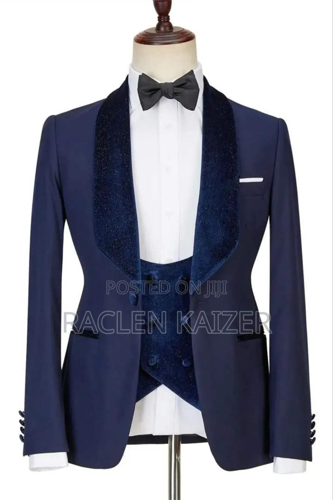 Three-Piece Tuxedo Suits, Featuring a Navy Blue With Velvet Lapels