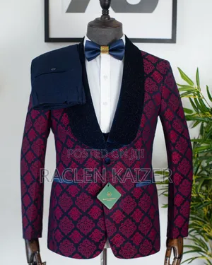 Suit With Red and Navy Paisley Pattern and Black Velvet Lapels