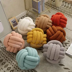 Knotted Plush Ball Design Round Pillow-Cotton 22cm