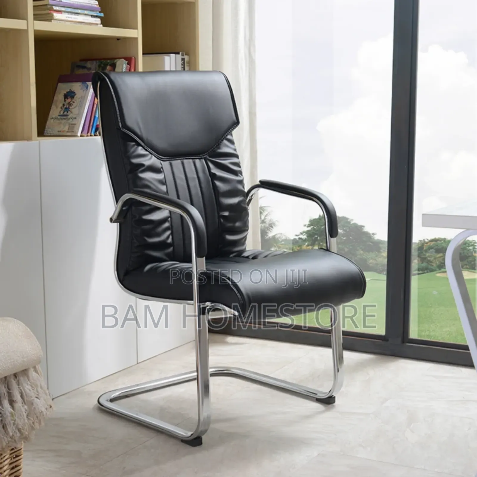Black Faux Leather Office Chair With Sled Base