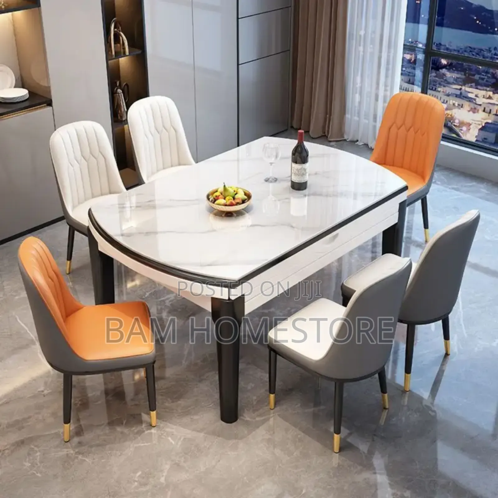 Expandable Marble-Pattern Dining Table+6 Chairs