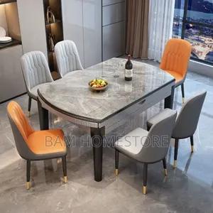 Expandable Marble-Pattern Dining Table+6 Chairs