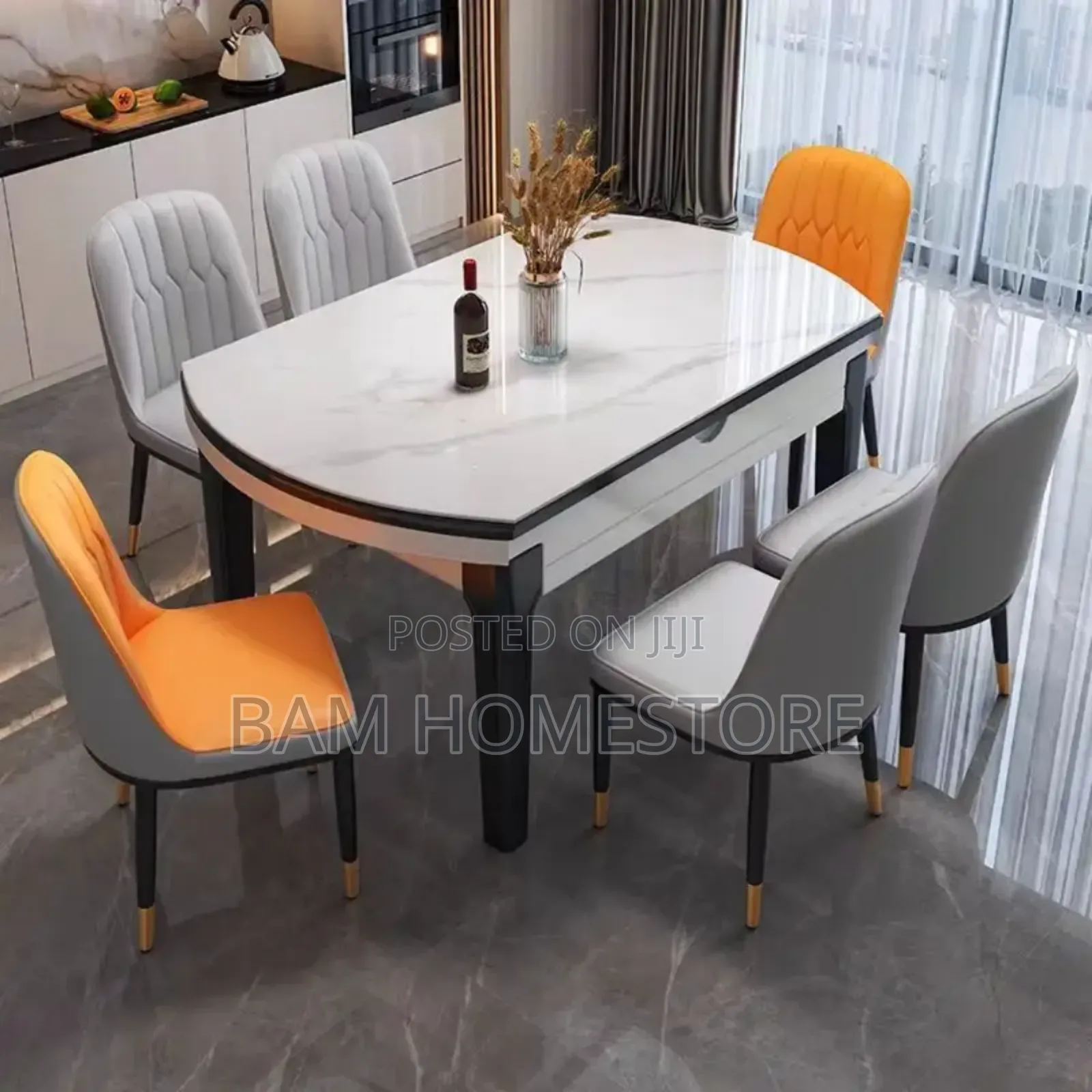 Expandable Marble-Pattern Dining Table+6 Chairs