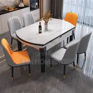 Expandable Marble-Pattern Dining Table+6 Chairs
