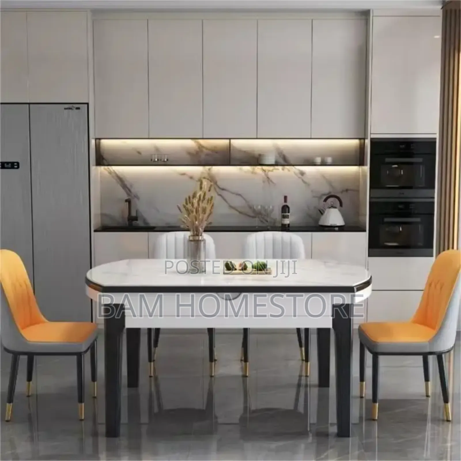 Expandable Marble-Pattern Dining Table+6 Chairs