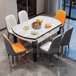 Expandable Marble-Pattern Dining Table+6 Chairs