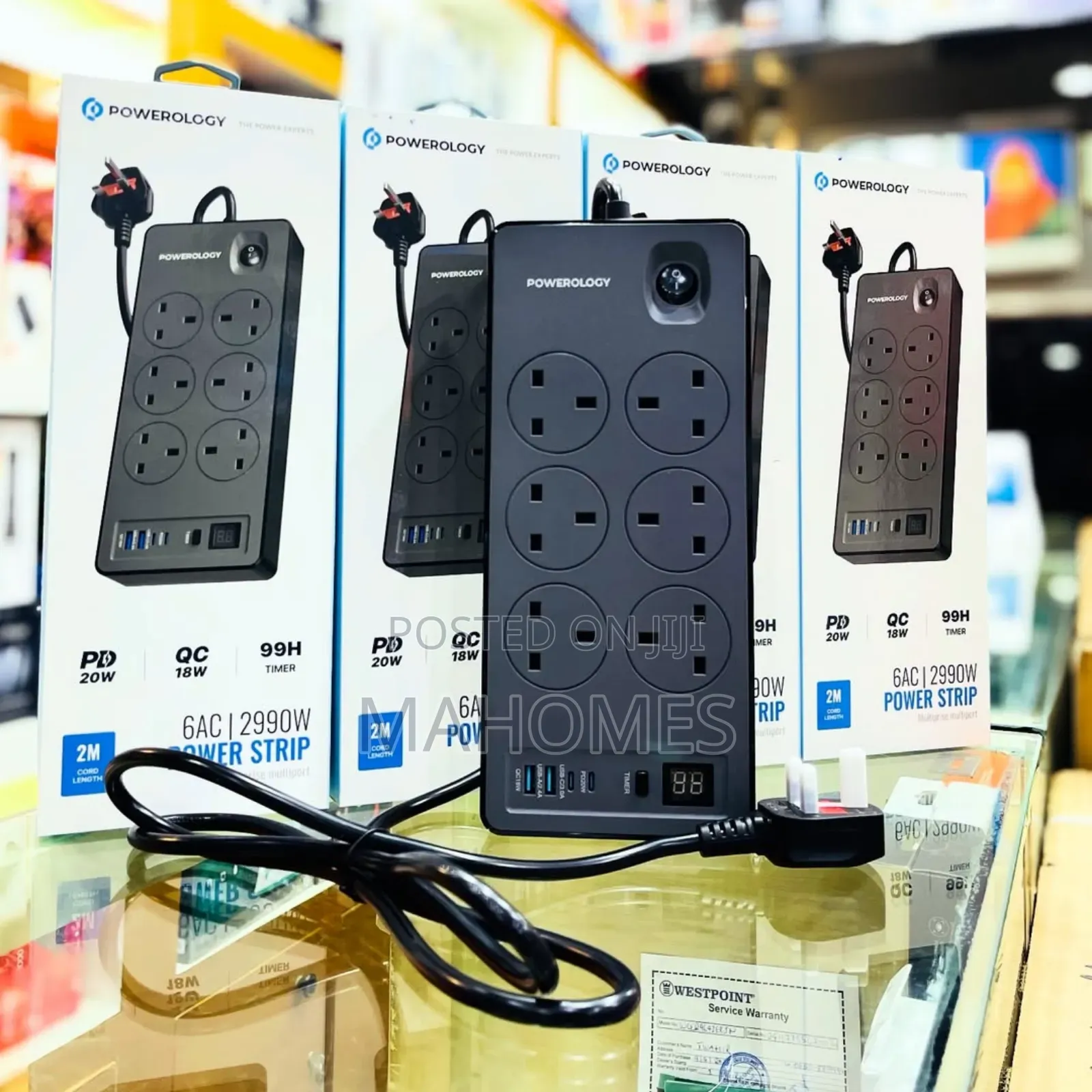 Powerology 6ac | 2990w Power Strip   Multipurpose Extension