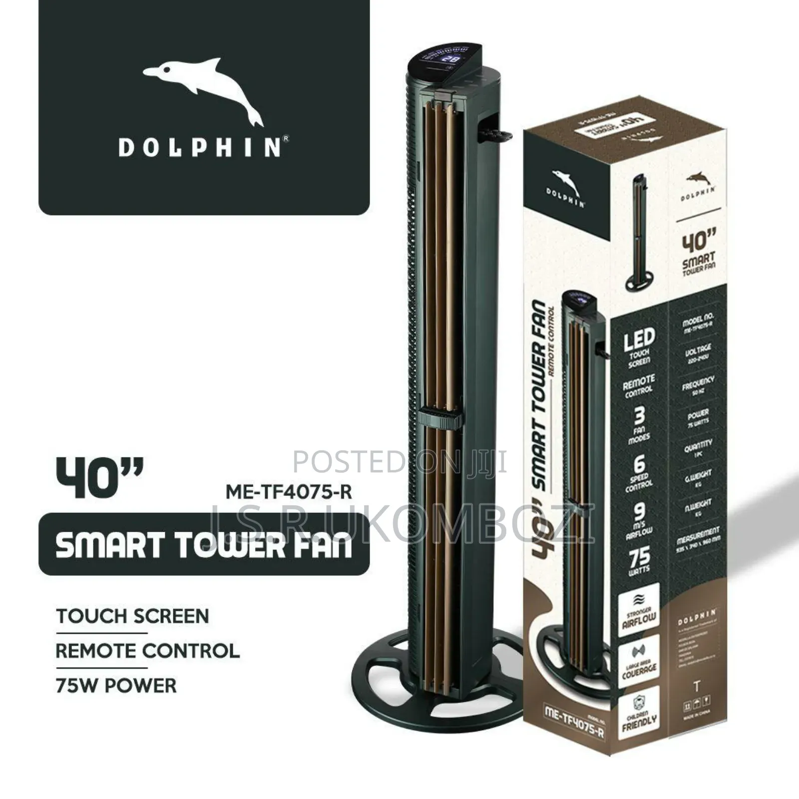 Smart Tower Fan 40'' 75w, Led Touch Screen, Remote Control, 3