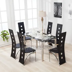 Contemporary 6-Seater Black Glass Dining Set With Designer Chairs