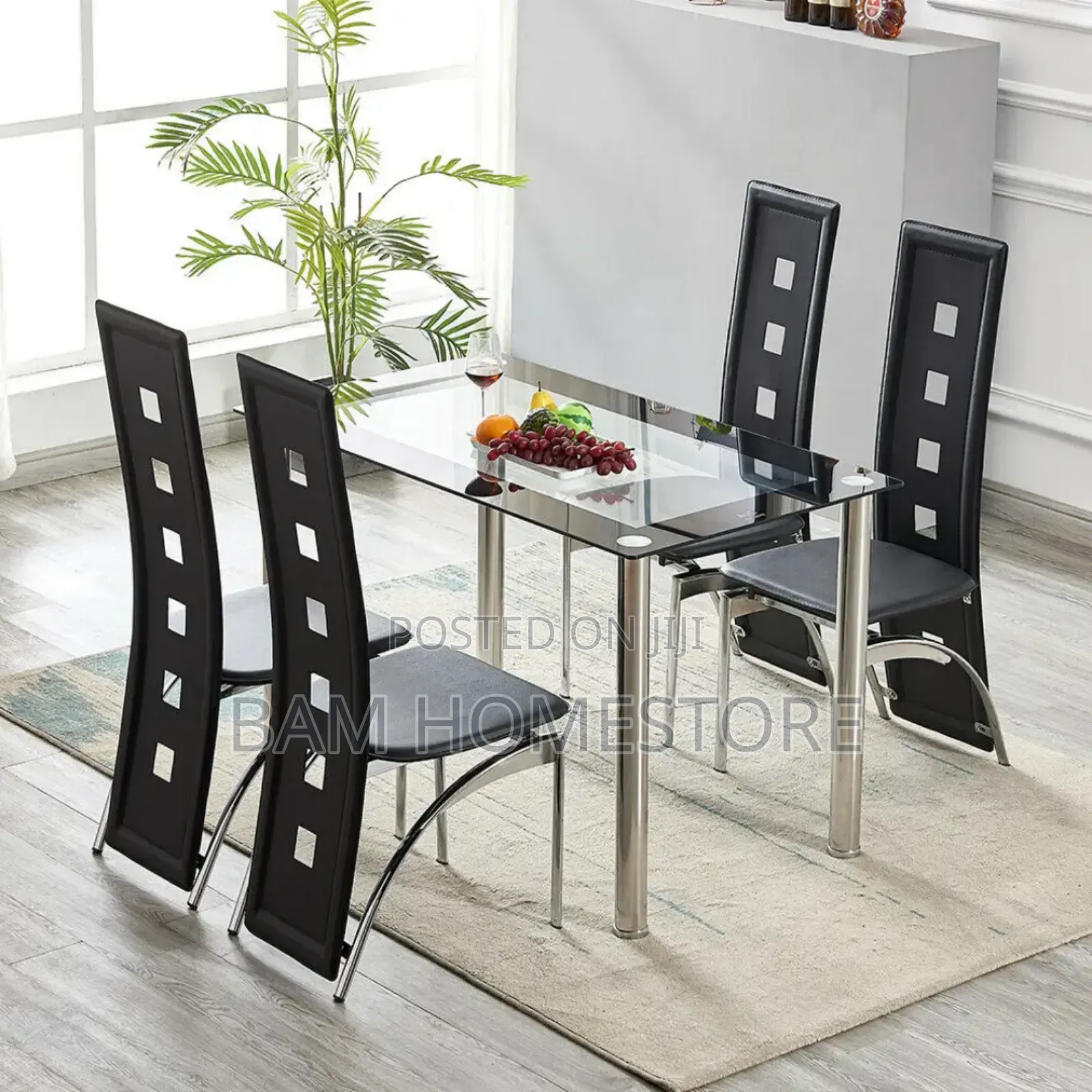 Contemporary 6-Seater Black Glass Dining Set With Designer Chairs