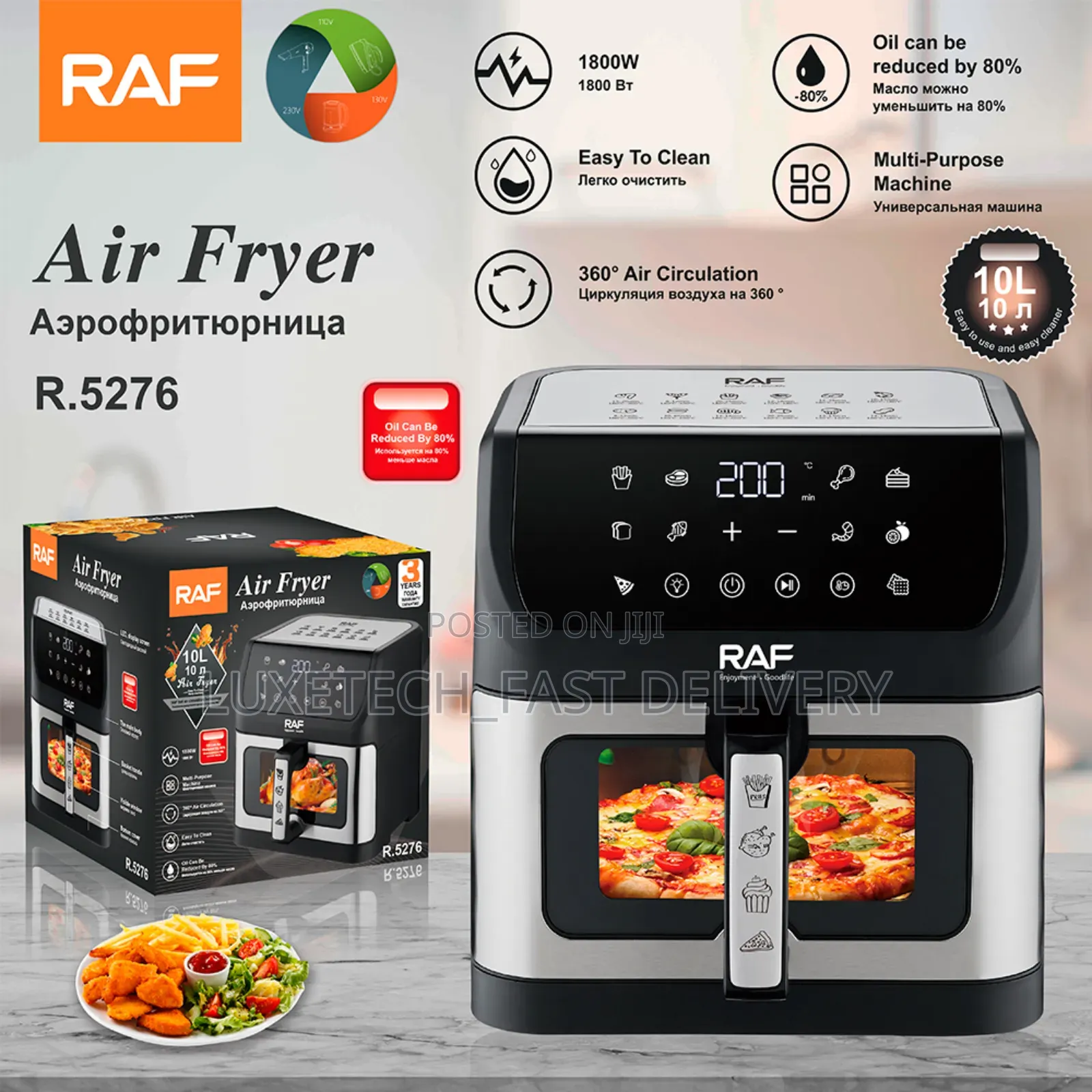 Raf R.5276 Air Fryer 10 Liters Digital Touch Screen Control Panel