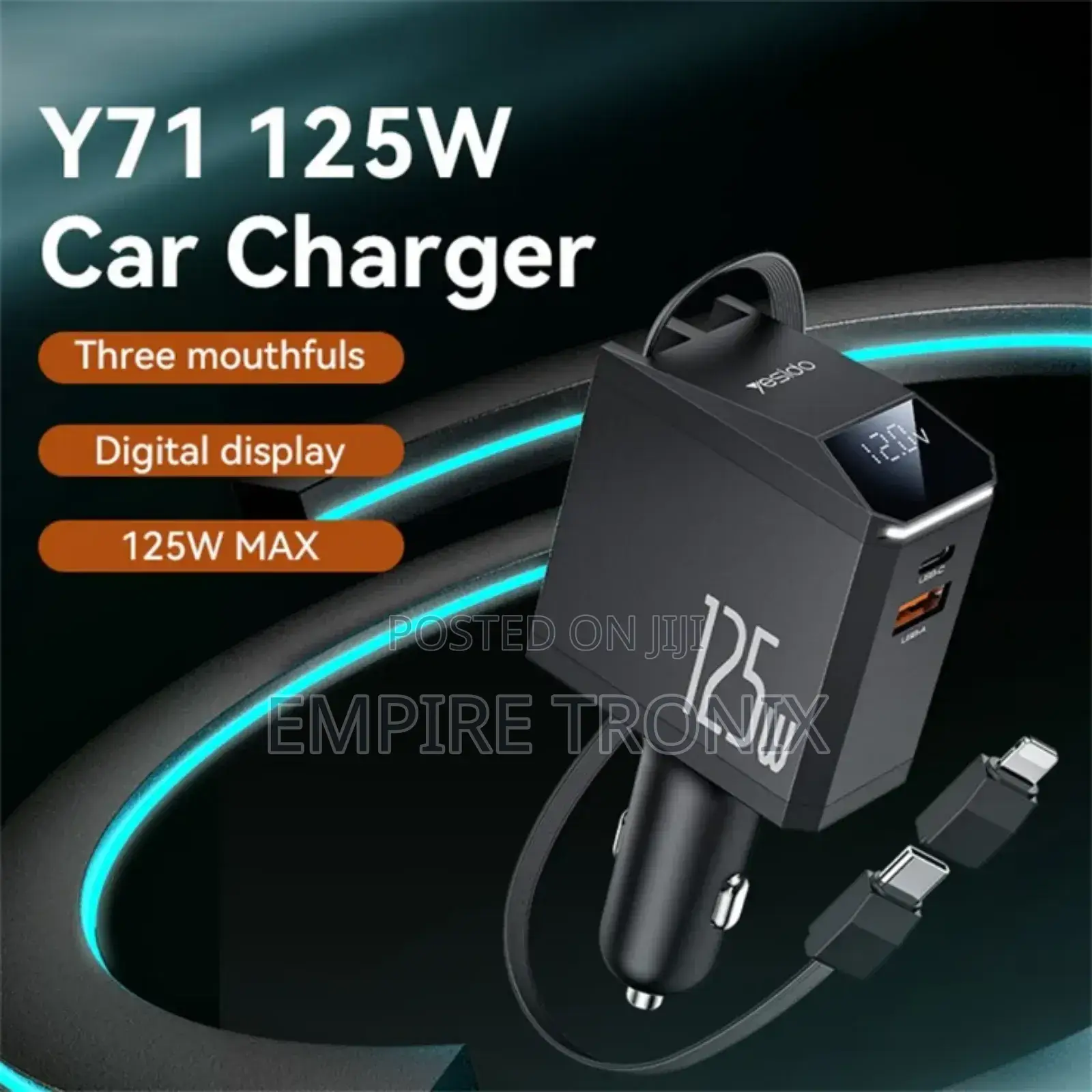 Yesido Y71 125w Ultra-Fast Car Charger With Retractable Cable