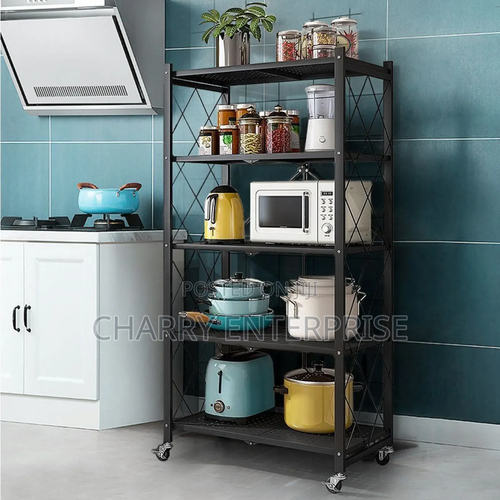 Movable Multipurpose 5-Tier Foldable Storage Rack or Shelf on Wheels
