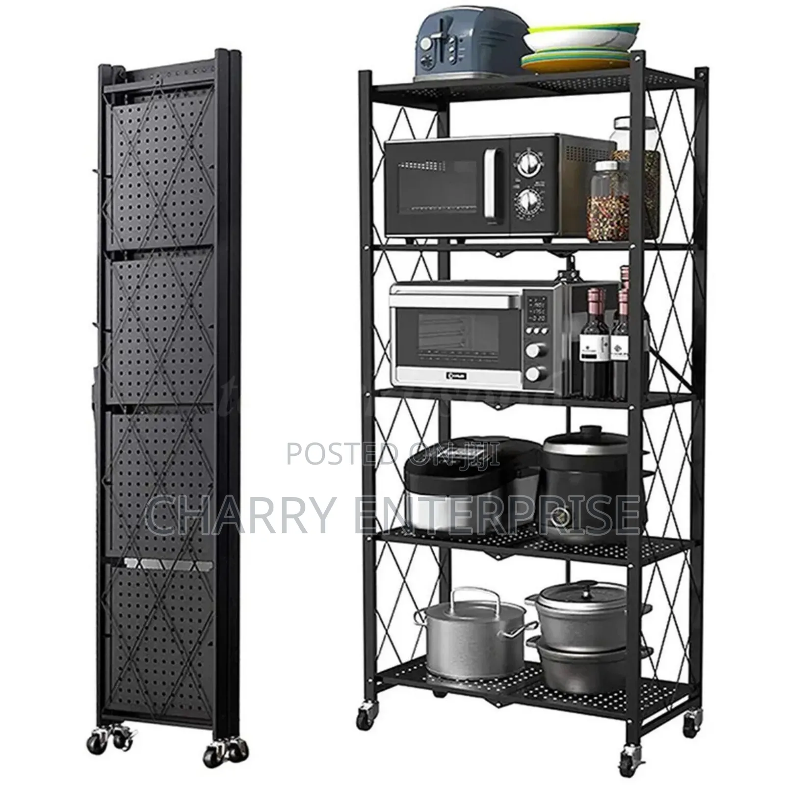 Movable Multipurpose 5-Tier Foldable Storage Rack or Shelf on Wheels