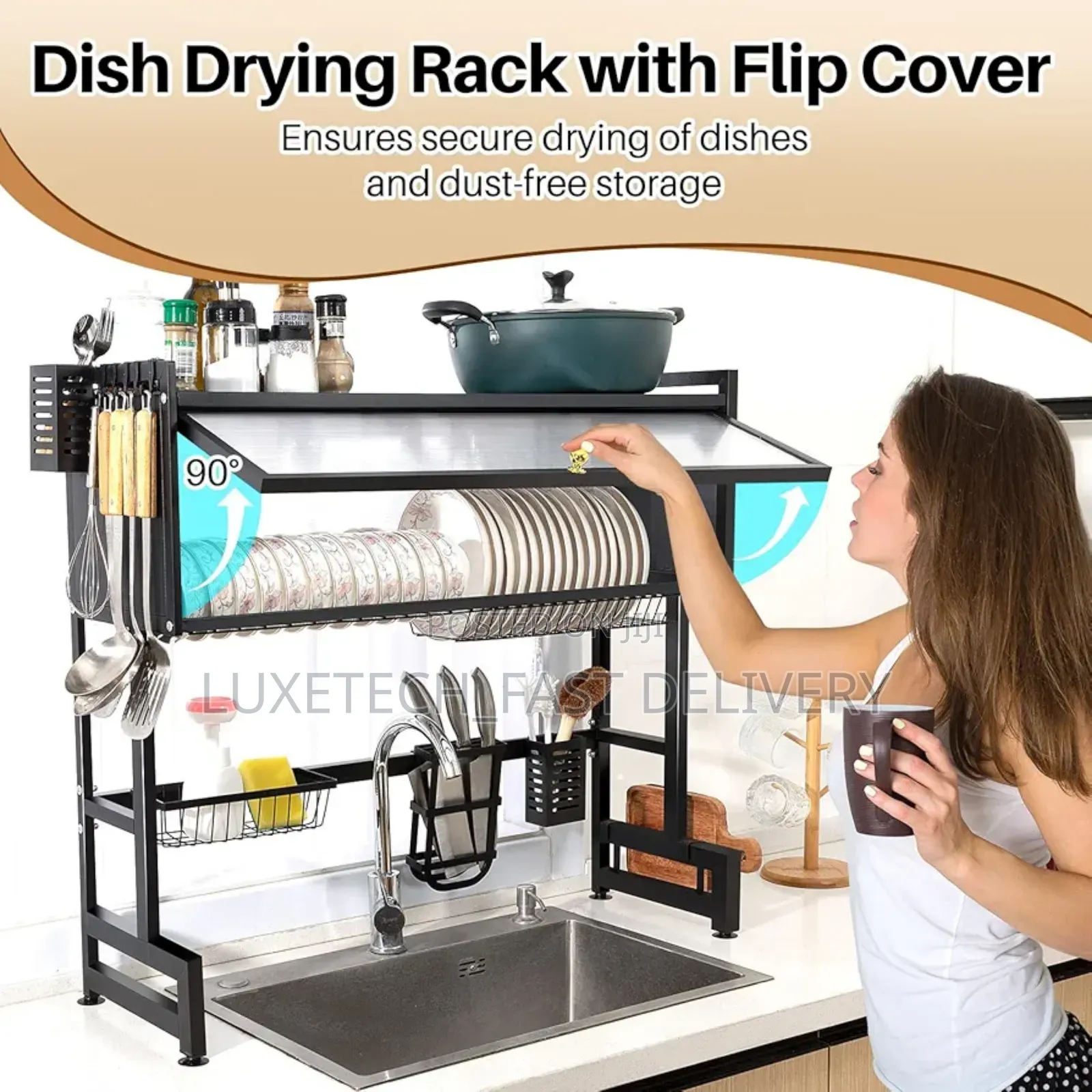 Over-Sink Dish Drying Rack With Single Layer Dustproof Cover