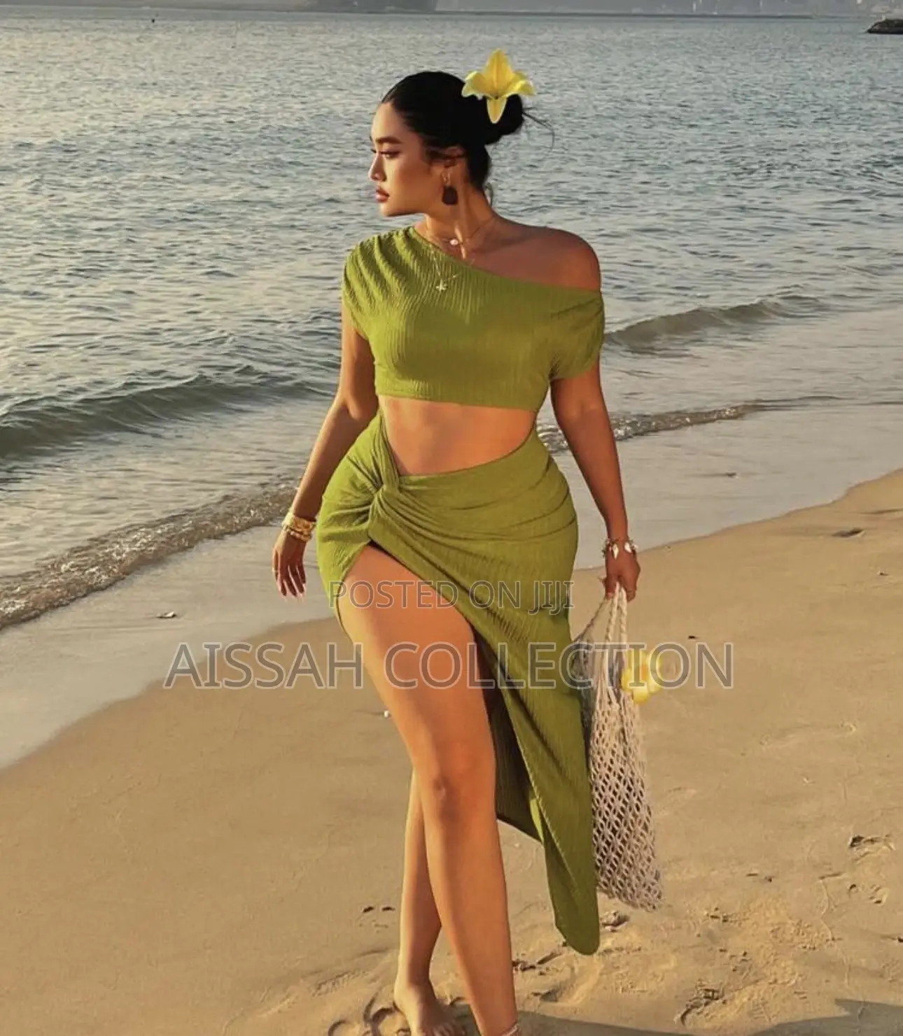 Crinkly Knitted Ribbed Green Sexy Dress