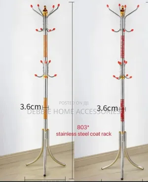 Freestanding Stainless Steel Coat Rack With Multiple Hooks.