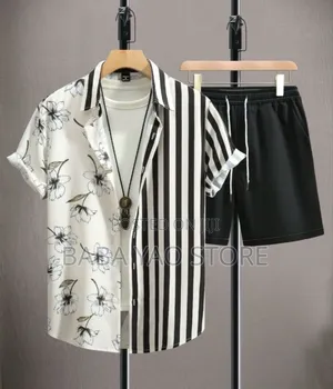 Men's Short Sleeve Shirt Short Pant Suits Solid Color for Summer