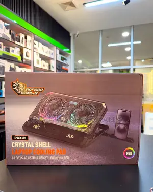 Porodo Crystal Shell Laptop Cooling Pad RGB Led Dual Fan Phone Holder