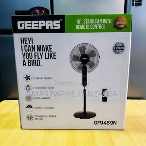 Geepas- 16" Stand Fan With Remote Control 3 Speed Control 5 Leaf Blade