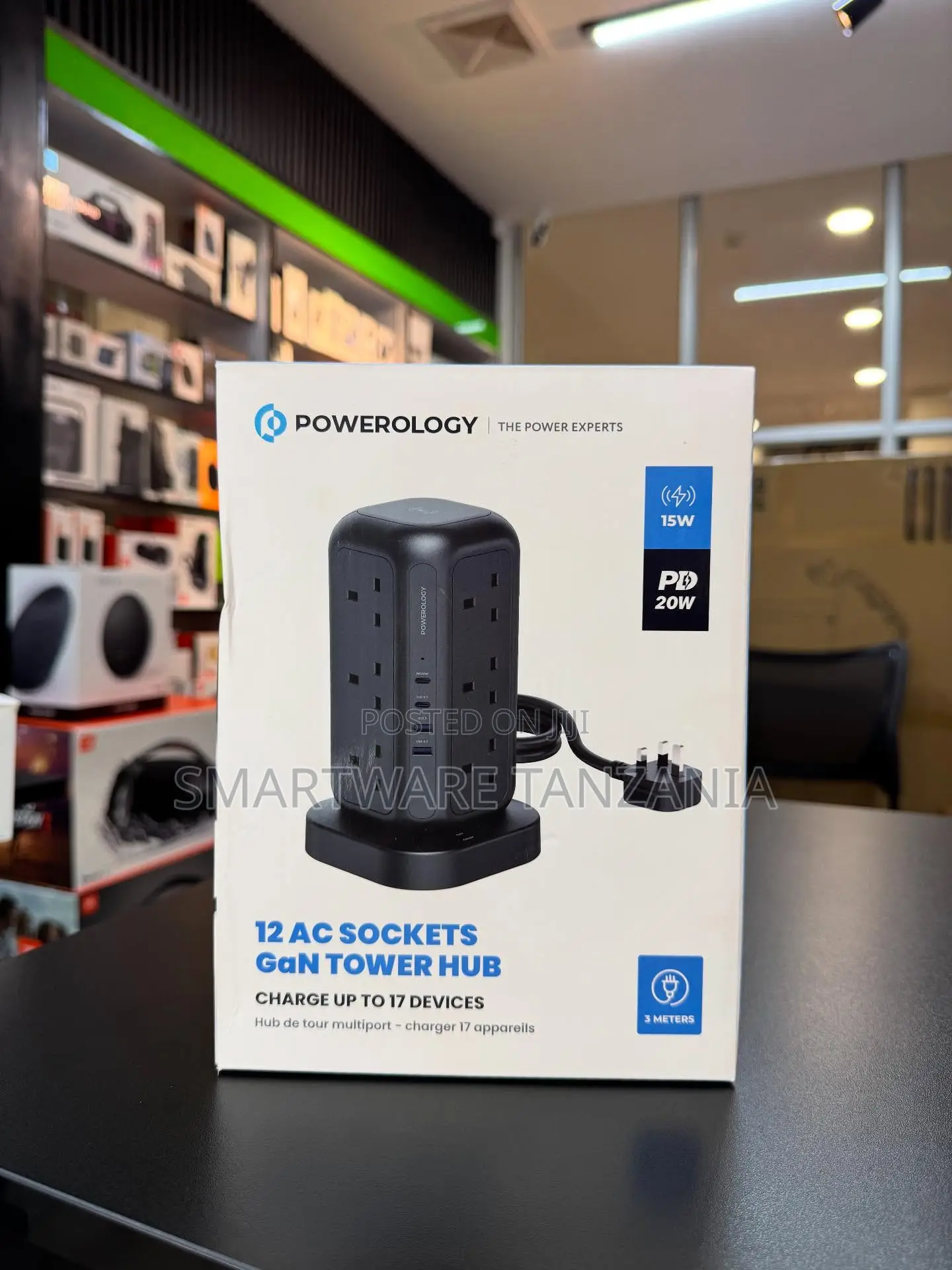 Powerology 12 Ac Sockets Gan Tower Hub 15w Wireless 20w Pd 3m Cable