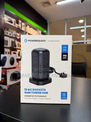 Powerology 12 Ac Sockets Gan Tower Hub 15w Wireless 20w Pd 3m Cable