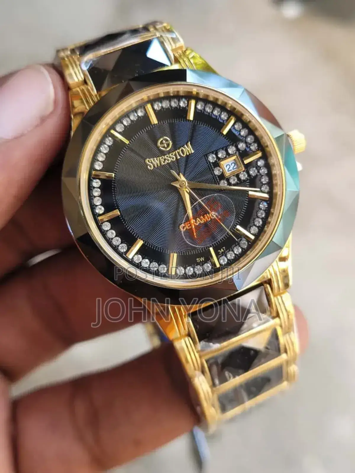 Swestom Watch Gold-Toned Band a Black Dial and Sapphire Ceramic Face