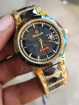 Swestom Watch Gold-Toned Band a Black Dial and Sapphire Ceramic Face