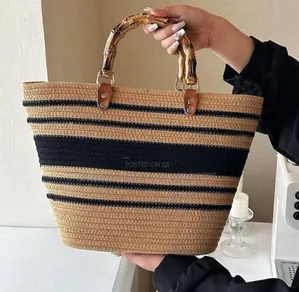 Vikapu Size 39*27cm/Striped Woven Straw Tote Bag With Bamboo Handles.