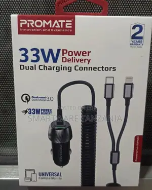 Promate 33w Dual Port Car Charger Usb-C Lightning Quick Charge 3.0