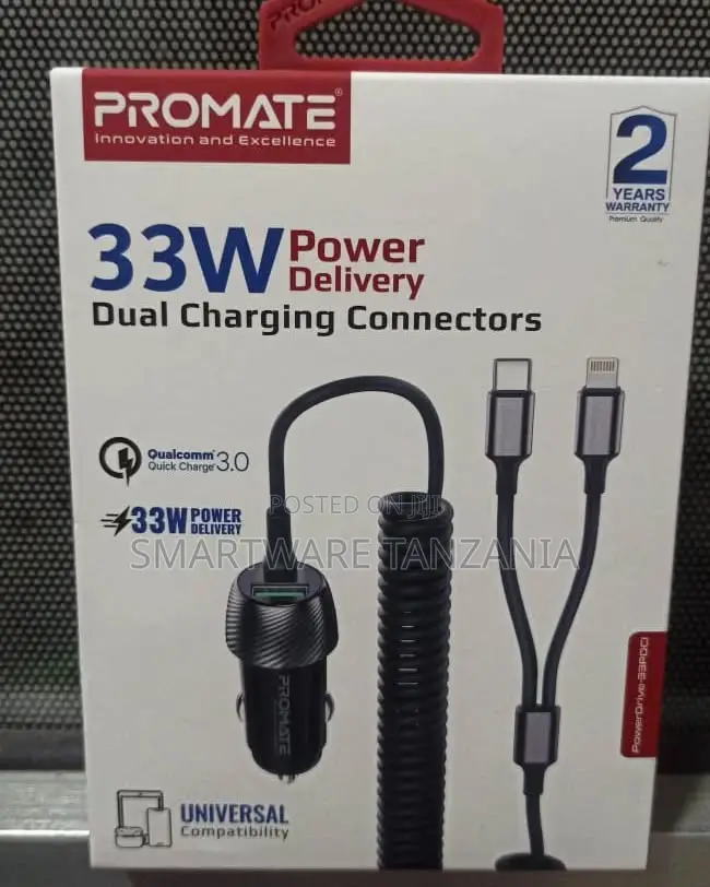 Promate 33w Dual Port Car Charger Usb-C Lightning Quick Charge 3.0