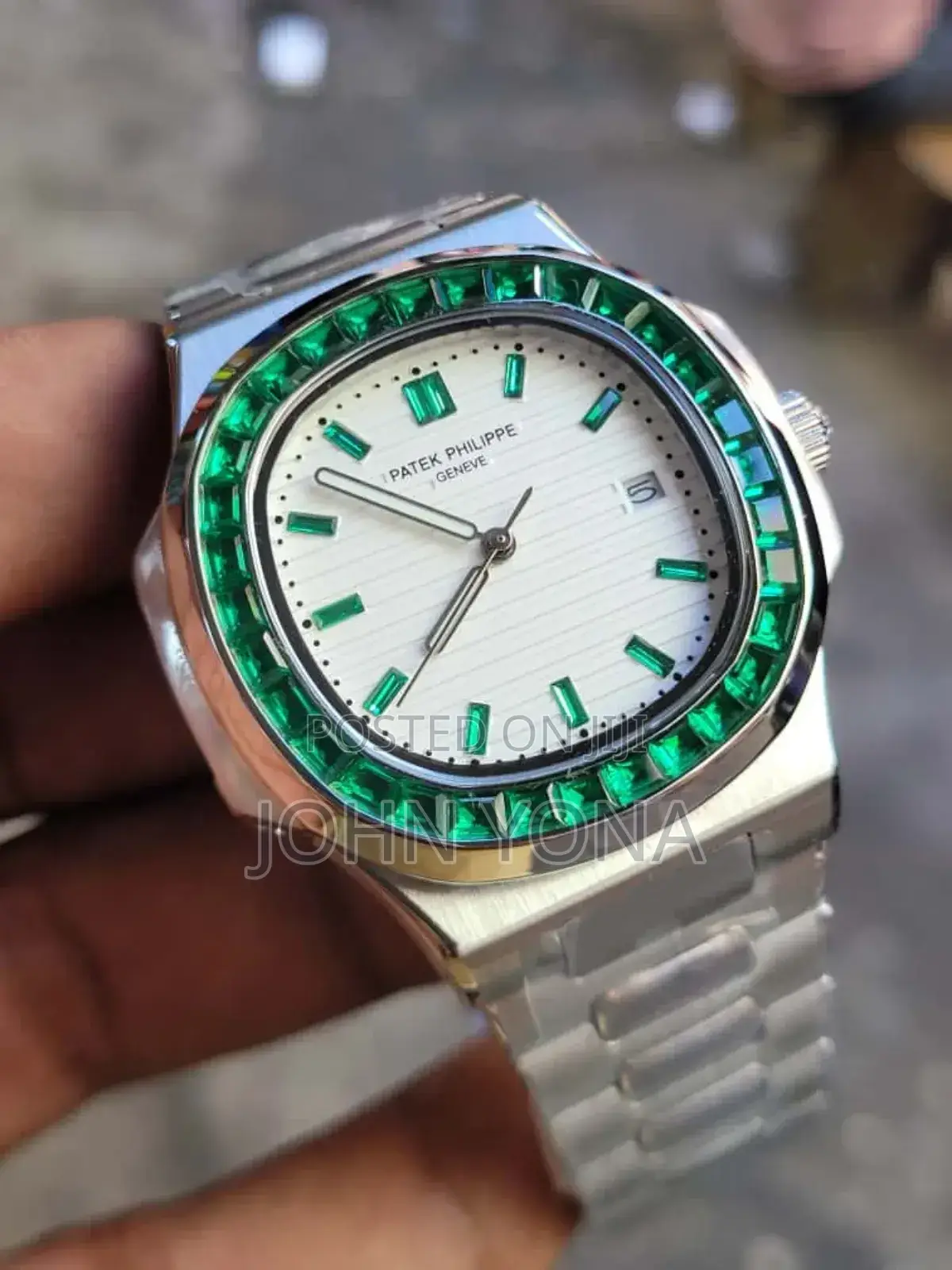 Patek Philippe Nautilus With White Dial, Bezel Set With Green Emeralds