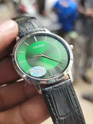 Citizen Eco-Drive Watch With a Green Dial and a Black Leather Strap