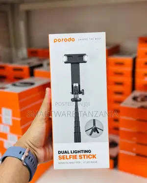 Porodo Dual Lighting Selfie Stick Remote Shutter 4-Leg Base Tripod