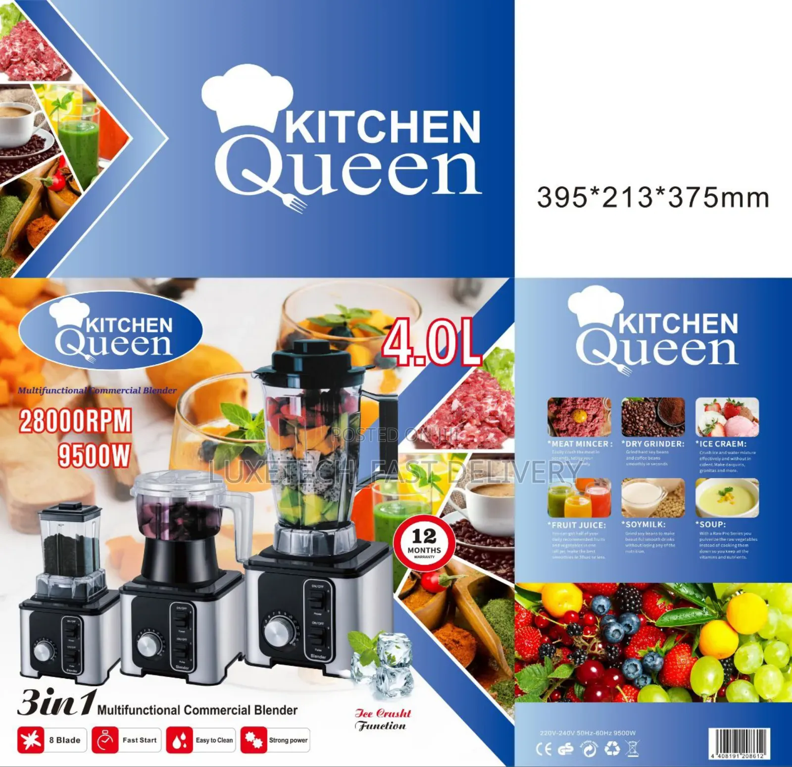 Kitchen Queen 3-in-1 Multifunctional Commercial Blender 4 Liters