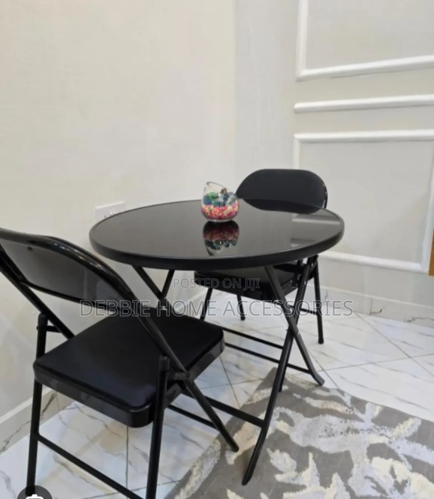 Round Foldable Table Glass Top +2 Foldable Chairs