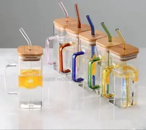 1pc-Square Glass Cups With Bamboo Lid and Glass Straw.