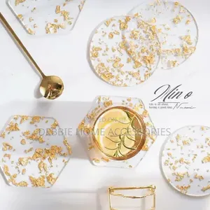 Clear Acrylic Coasters Decorated With Gold Foil Flakes. -6pcs