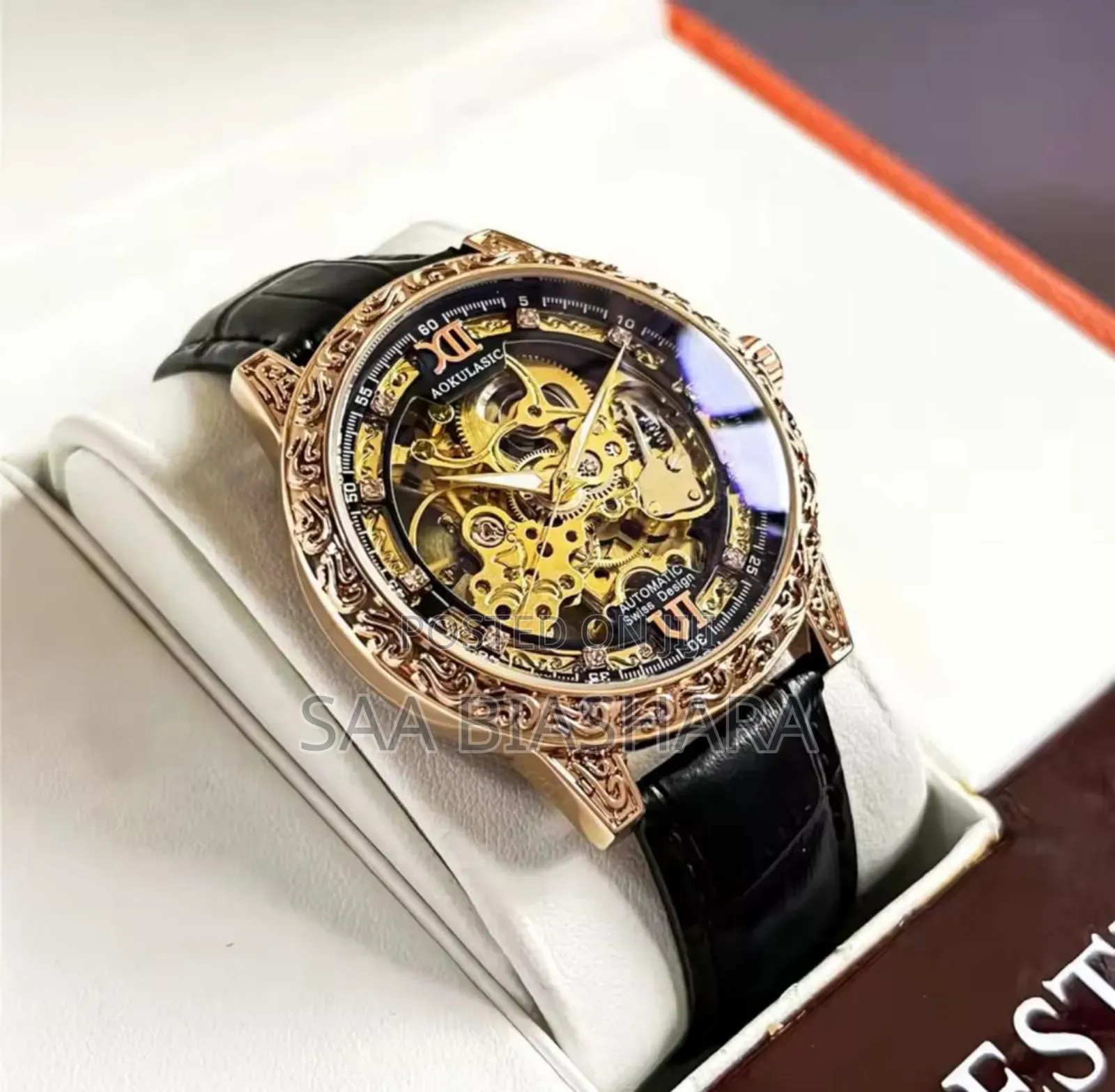 Aokulasic Mechanical Watch Leather Belt Black
