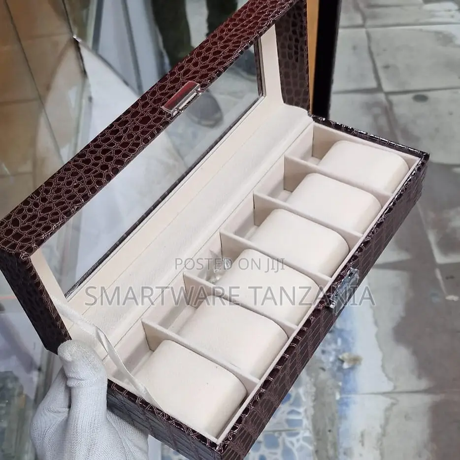 Premium Leather Watch Box 5 Slot Display Case Glass Top Organizer