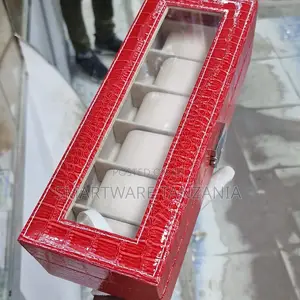 Red Crocodile Watch Case 5 Slot Glass Top Leather Jewelry Storage