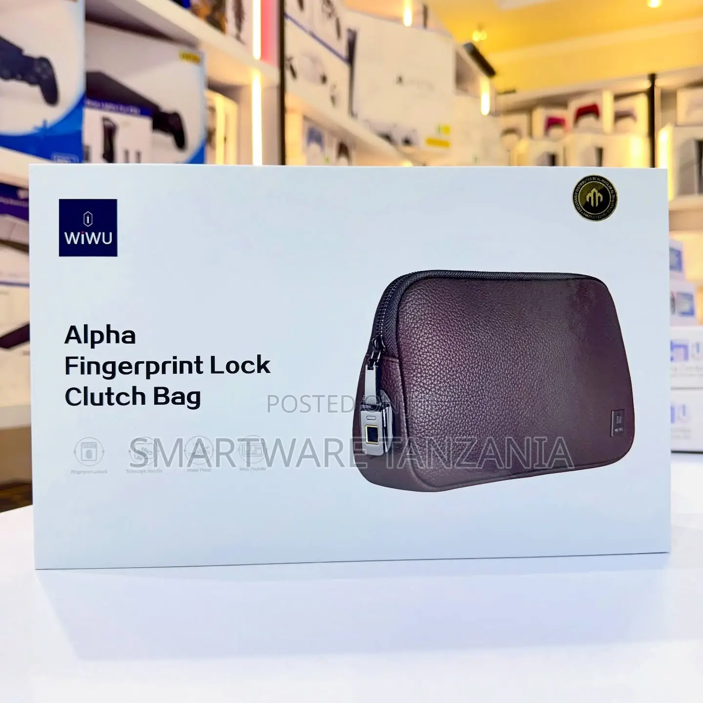 Wiwu Alpha Fingerprint Lock Clutch Bag Dark Brown Premium Leather