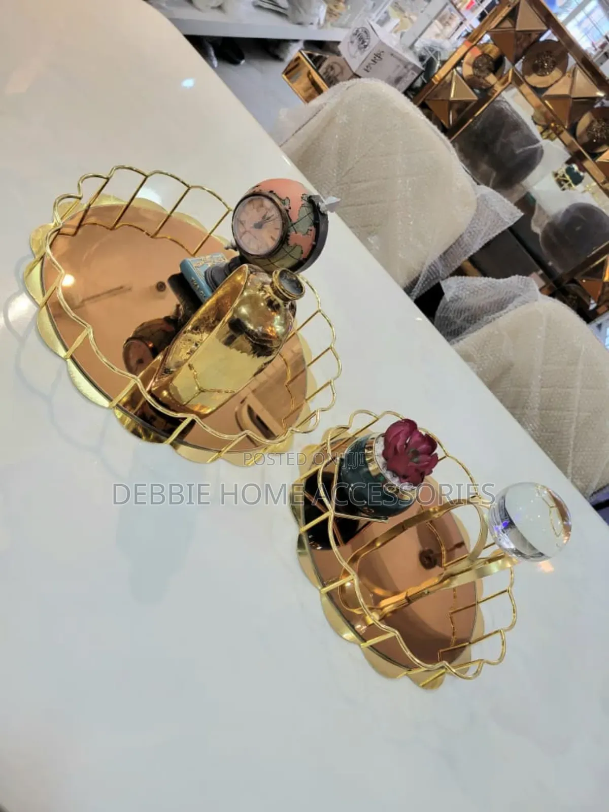 Gold Scalloped Metal-Edge Mirror Tray Set 1-2pcs