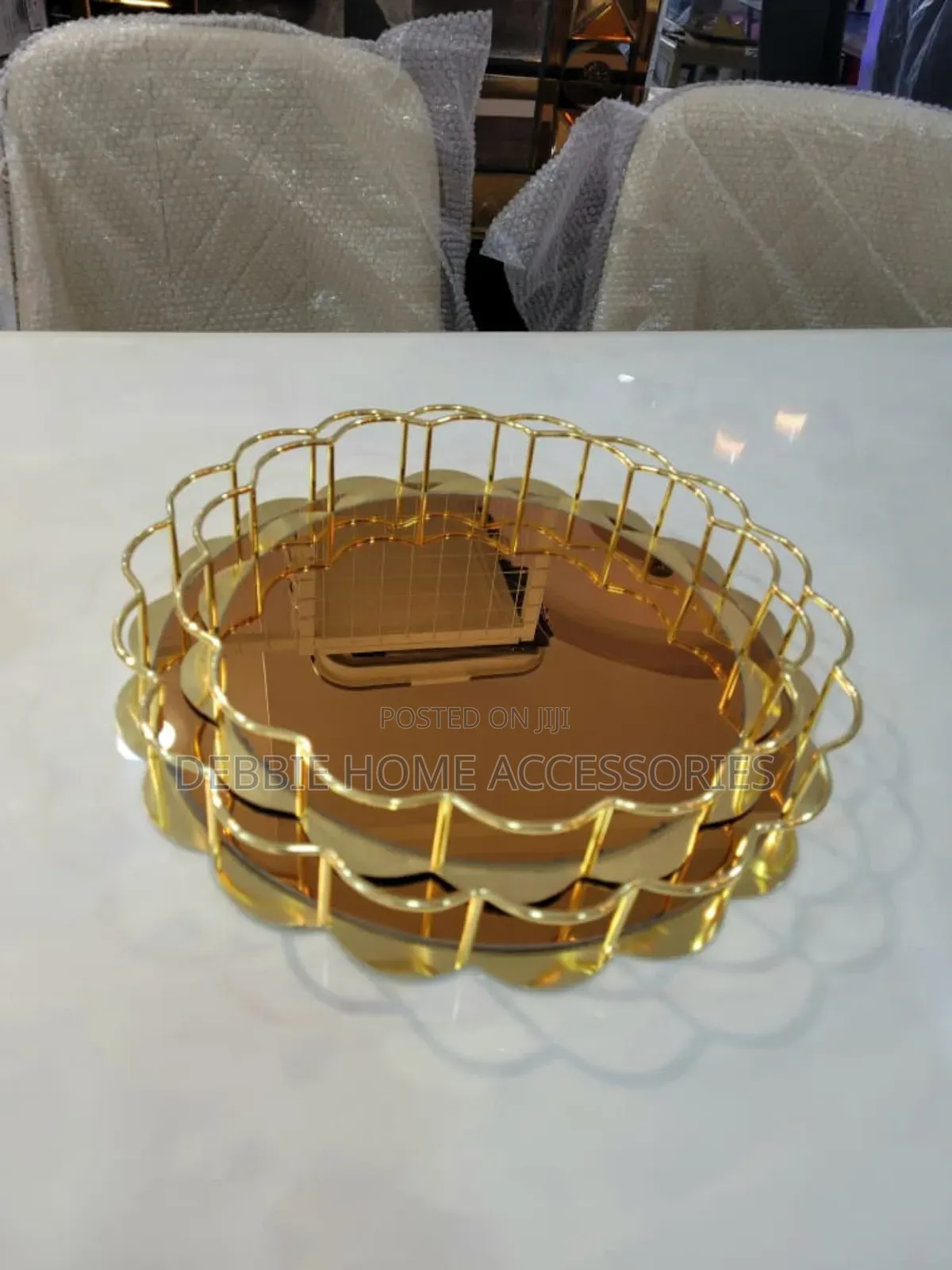 Gold Scalloped Metal-Edge Mirror Tray Set 1-2pcs