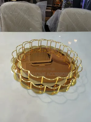 Gold Scalloped Metal-Edge Mirror Tray Set 1-2pcs